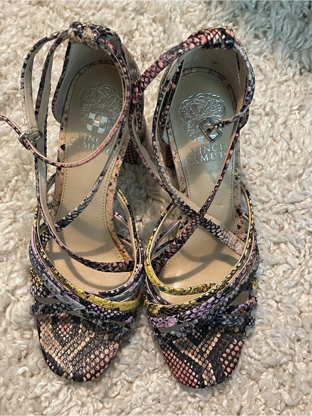 Vince Camuto Multicolor Snakeskin Strappy Block Heel Sandals 7M